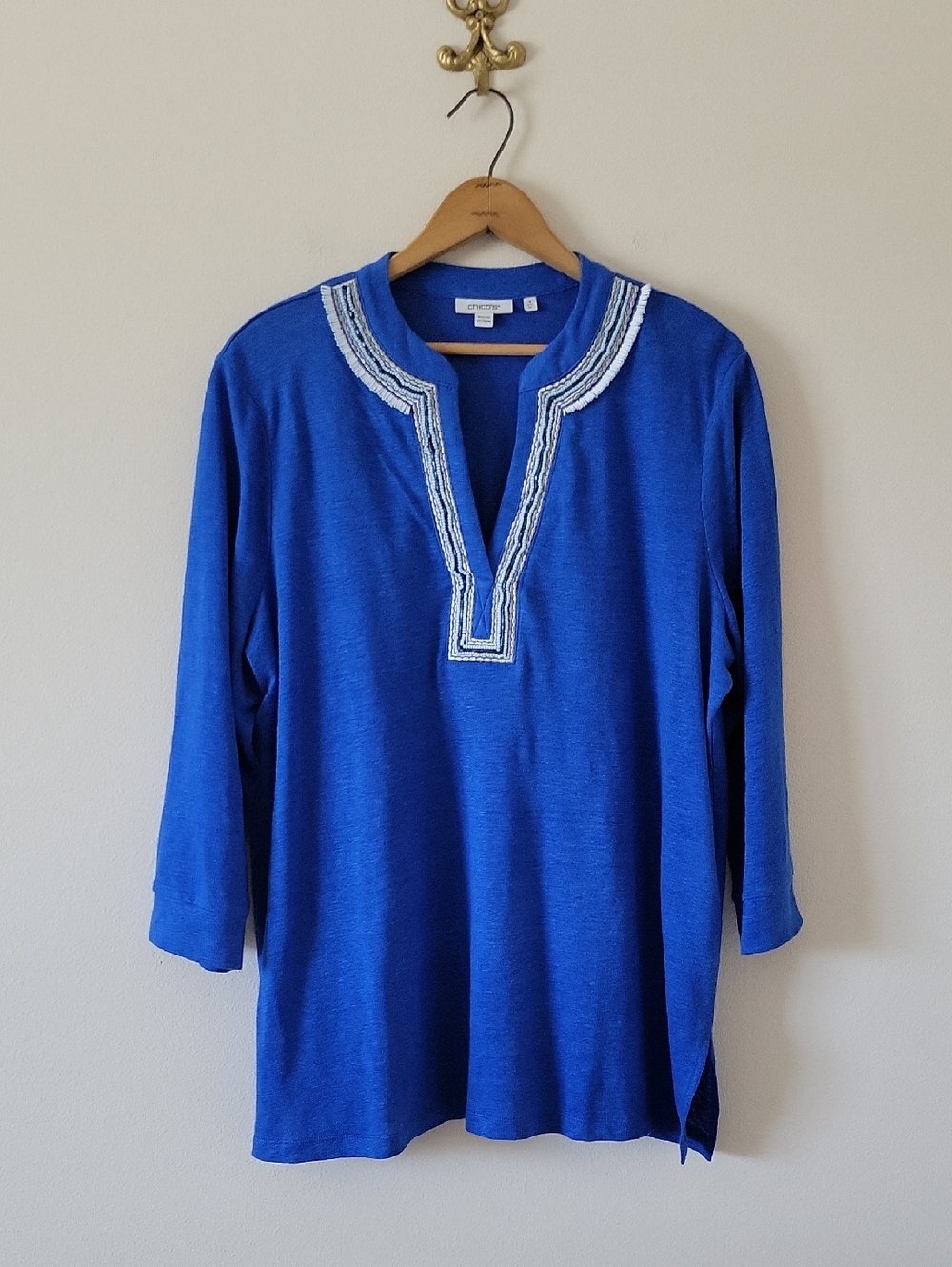 Chico's Blue Linen Embellished Tunic‎ Top Size XL
